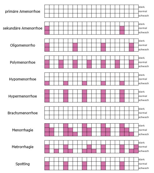 Übersicht der Ausnahmen: primäre Amenorrhoe Ausbleiben der Menarche trotz Vollendung des 16. Lebensjahres sekundäre Amenorrhoe Ausbleiben der Menstruation für über drei Monate Oligomenorrhoe zu seltene Regelblutung, die Blutungen finden dabei in Abständen von 6-12 Wochen statt Polymenorrhoe zu häufig auftretende Regelblutung, d.h. Abstände von weniger als 25 Tagen Hypomenorrhoe abgeschwächte Regelblutung, d.h. weniger als 25 ml Blutverlust während der Periode Hypermenorrhoe verstärkte Regelblutung, d.h. mehr als 80 ml Blutverlust während der Periode Brachymenorrhoe verkürzte Regelblutung, d.h. die Periode ist kürzer als 3 Tage Menorrhagie verlängerte Regelblutung, d.h. die Periode ist länger als 7 Tage Metrorrhagie azyklische Blutungen oder Dauerblutungen außerhalb der Menstruationsphase Spotting Schmierblutungen, kurz vor Eintritt der Menstruation